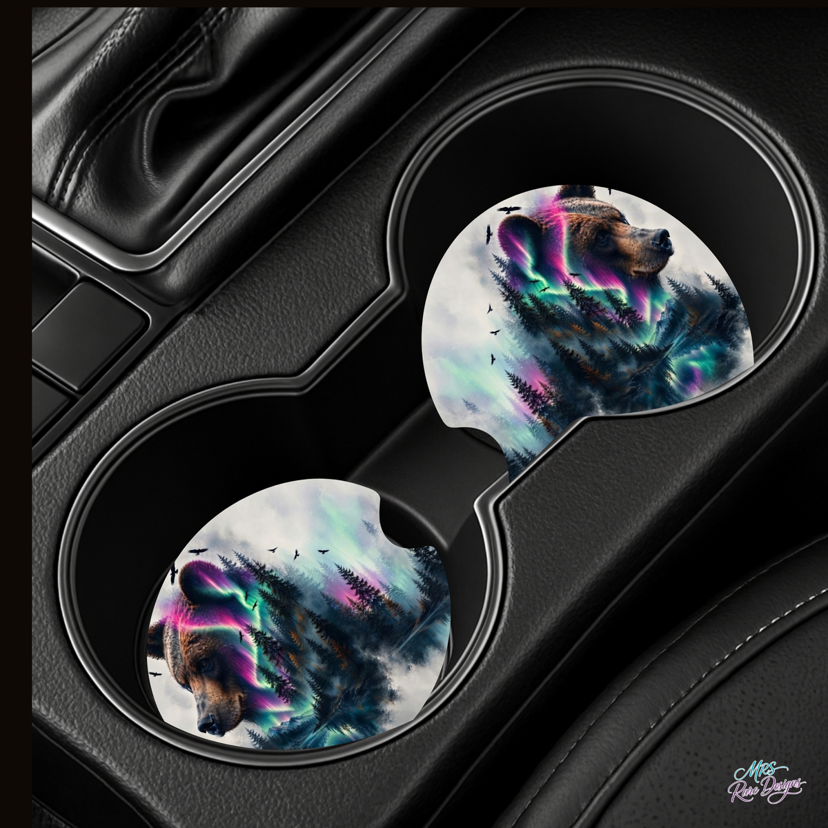Northern Lights Bear Neoprene Car Coasters - Set of 2