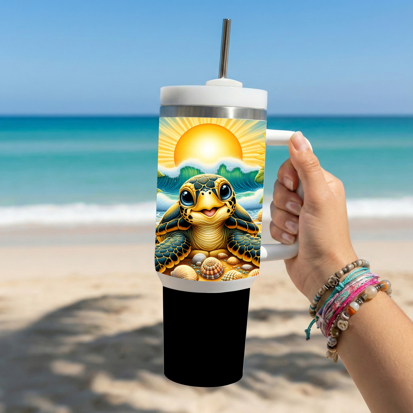Sunflower Sea Turtle Tropical Beach 30oz Stainless Steel Insulated Tumbler with Handle