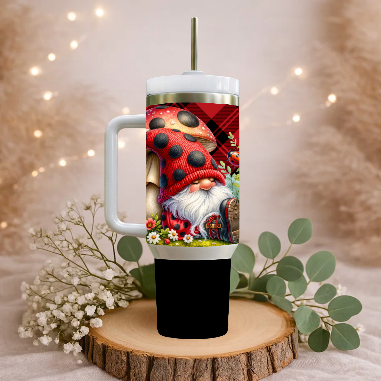 Ladybug Mushroom Gnome 30oz Handled Stainless Steel Tumbler – Red Buffalo Plaid Insulated Travel Mug with Straw