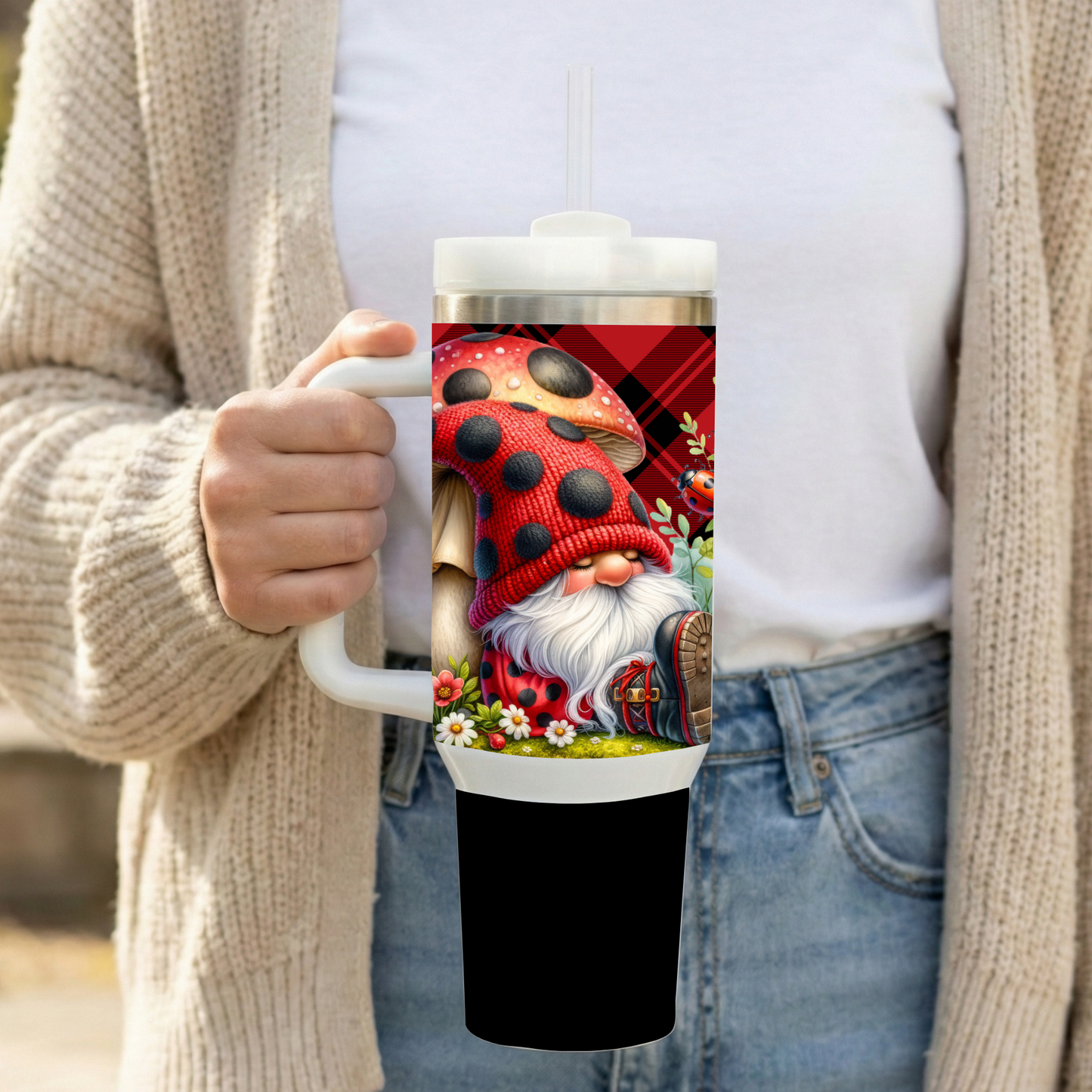 Ladybug Mushroom Gnome 40oz Handled Stainless Steel Tumbler – Red Buffalo Plaid Insulated Travel Mug with Straw
