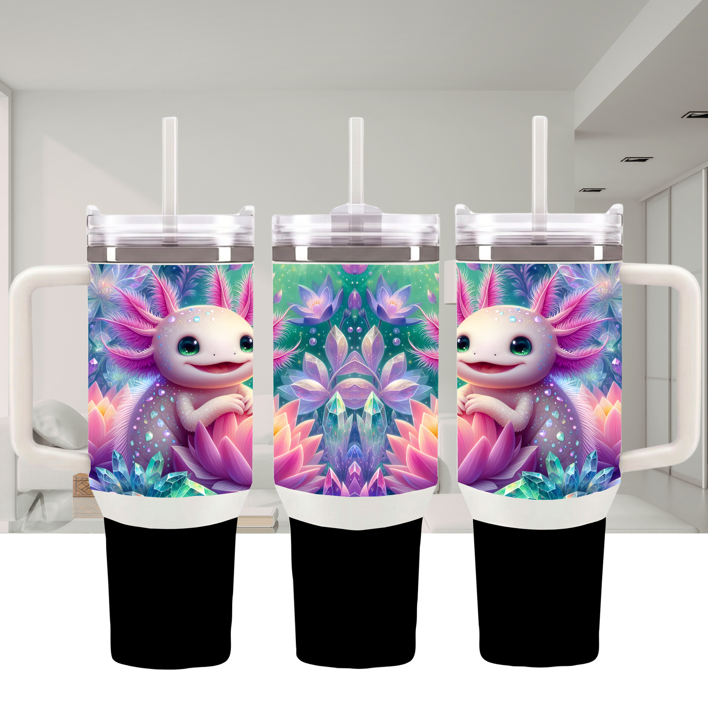 "Zen Axo Adventure" 30oz Handle Tumbler with Straw – Crystal Lotus Dream
