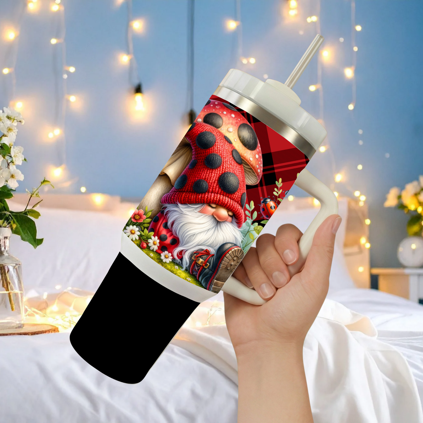 Ladybug Mushroom Gnome 30oz Handled Stainless Steel Tumbler – Red Buffalo Plaid Insulated Travel Mug with Straw