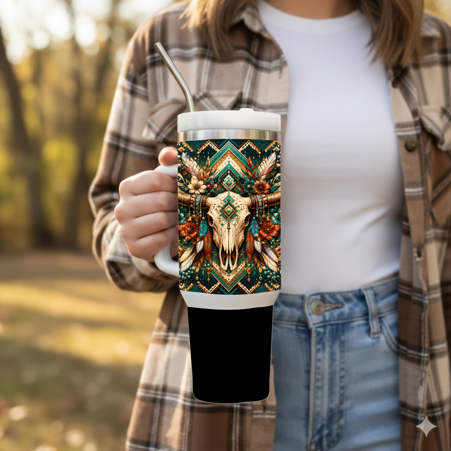 "Sacred Bloom" 30oz Boho Skull Handle Tumbler ✨