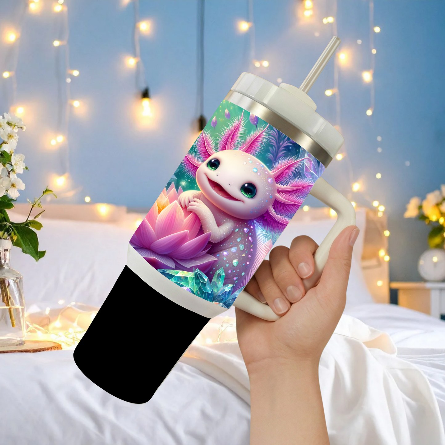 "Zen Axo Adventure" 30oz Handle Tumbler with Straw – Crystal Lotus Dream