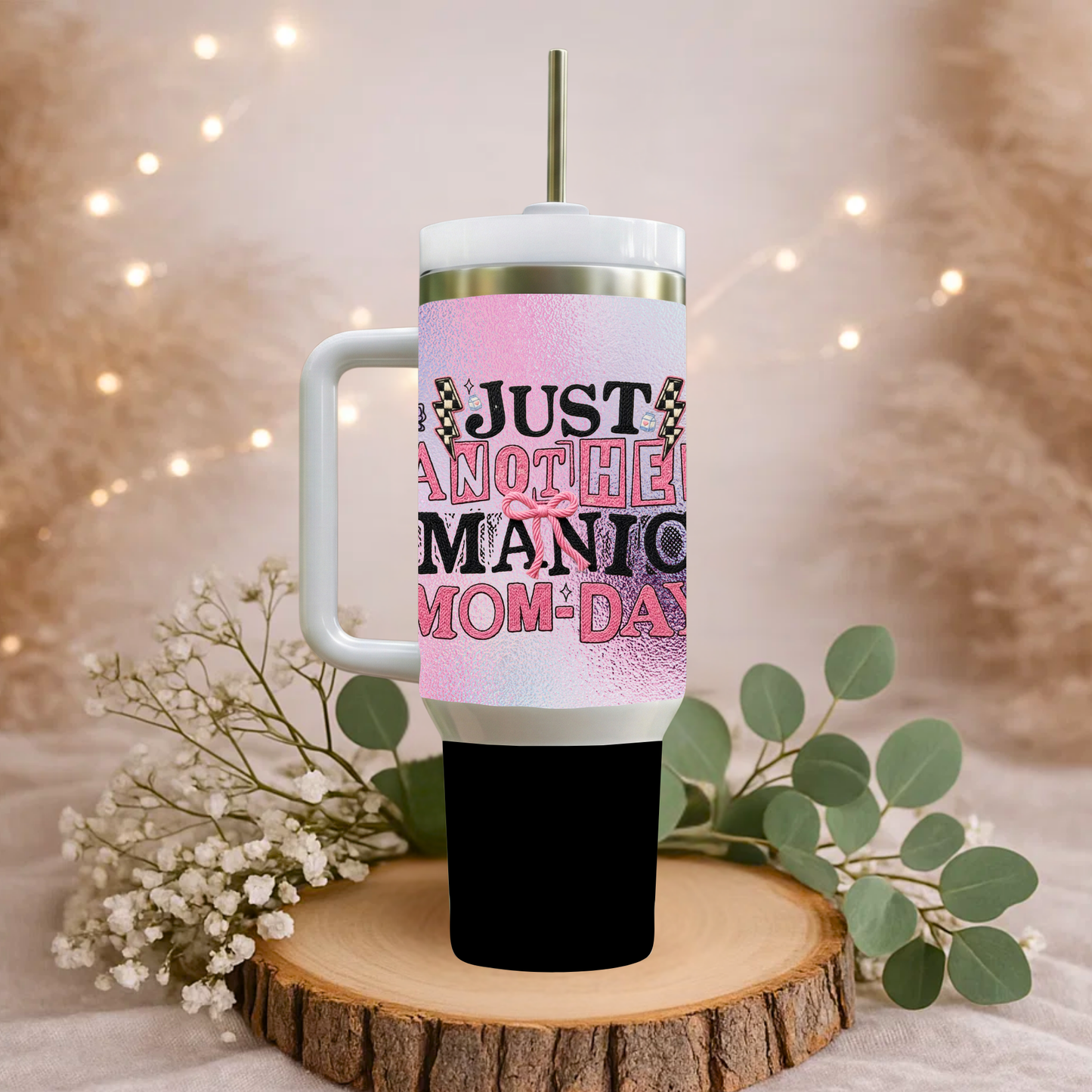 Just Another Manic Mom-Day 40oz Stainless Steel Insulated Tumbler with Handle & Straw – Pink Bow Glitter Design