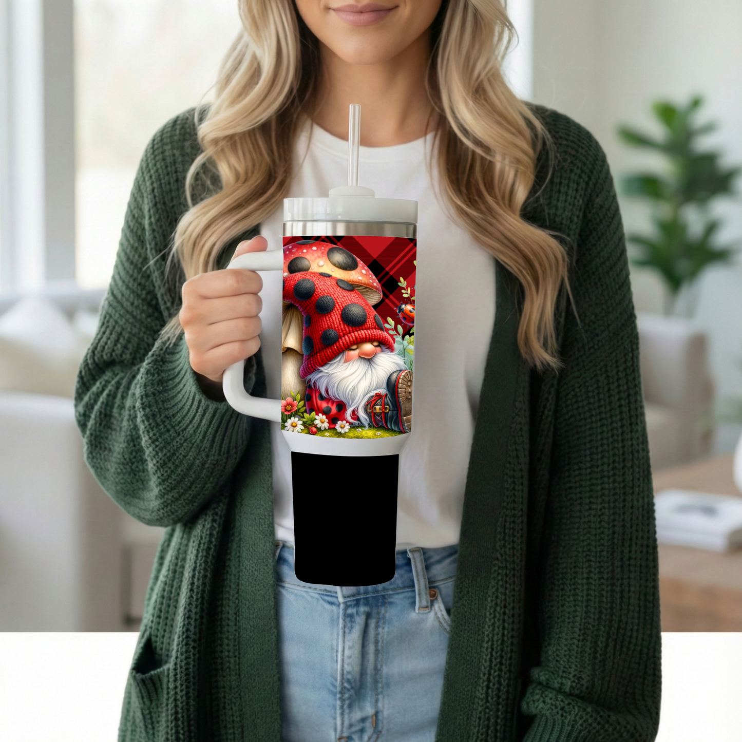Ladybug Mushroom Gnome 30oz Handled Stainless Steel Tumbler – Red Buffalo Plaid Insulated Travel Mug with Straw