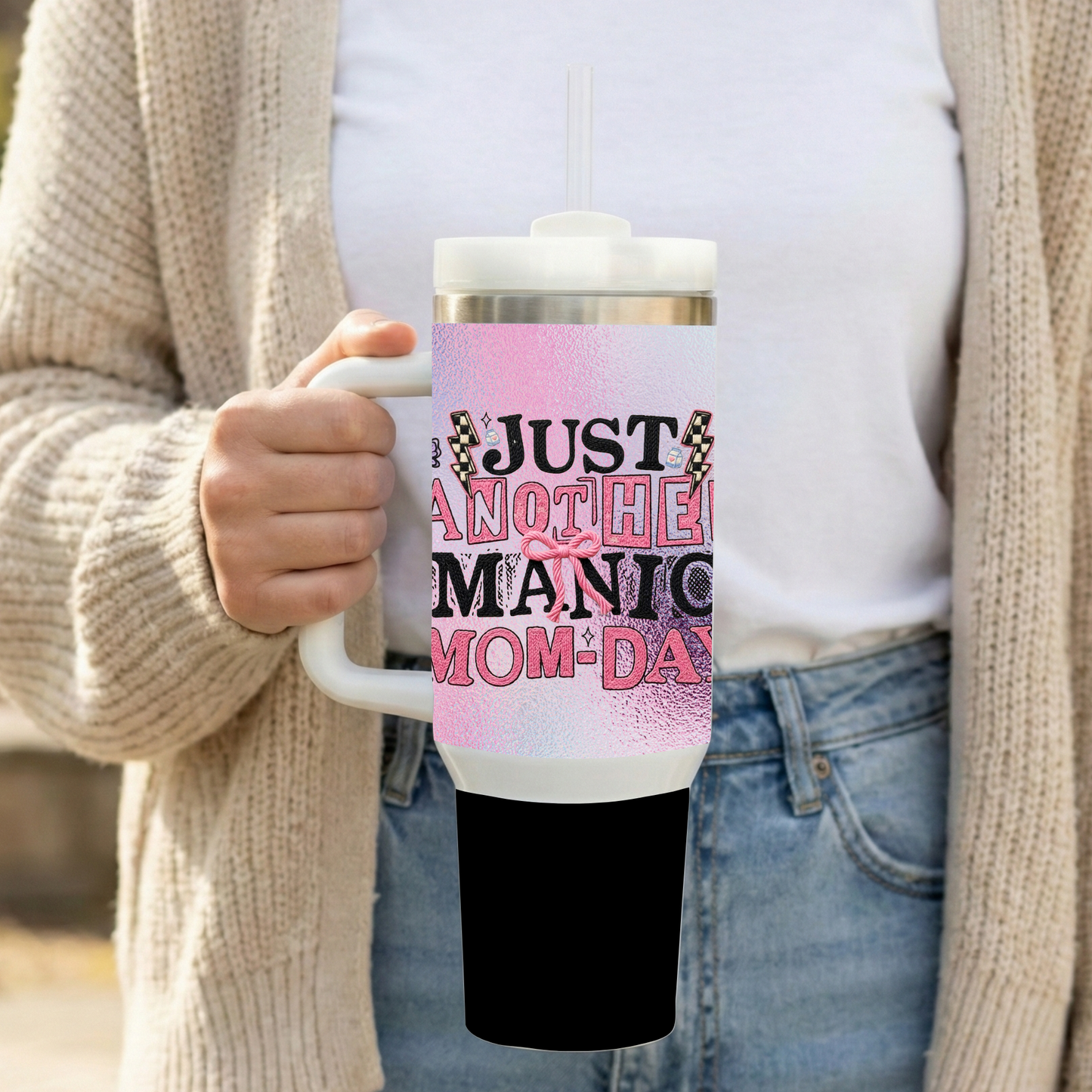 Just Another Manic Mom-Day 30oz Stainless Steel Insulated Tumbler with Handle, Lid & Straw – Pink Bow Glitter Design