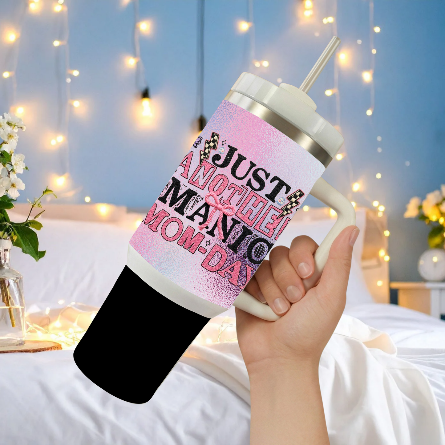 Just Another Manic Mom-Day 30oz Stainless Steel Insulated Tumbler with Handle, Lid & Straw – Pink Bow Glitter Design