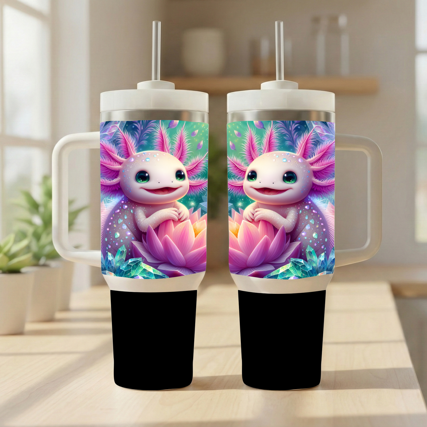 "Zen Axo Adventure" 30oz Handle Tumbler with Straw – Crystal Lotus Dream