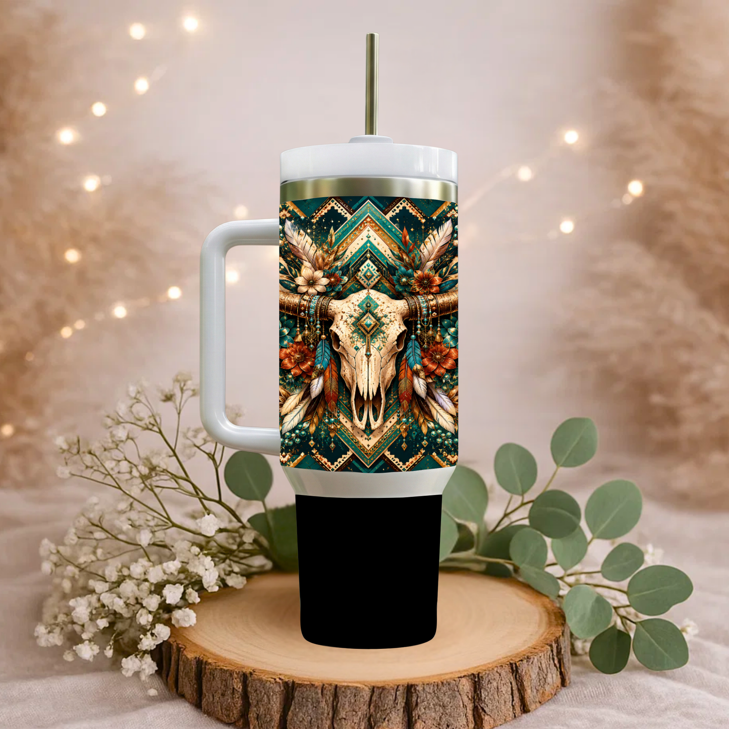"Sacred Bloom" 40oz Boho Skull Handle Tumbler ✨