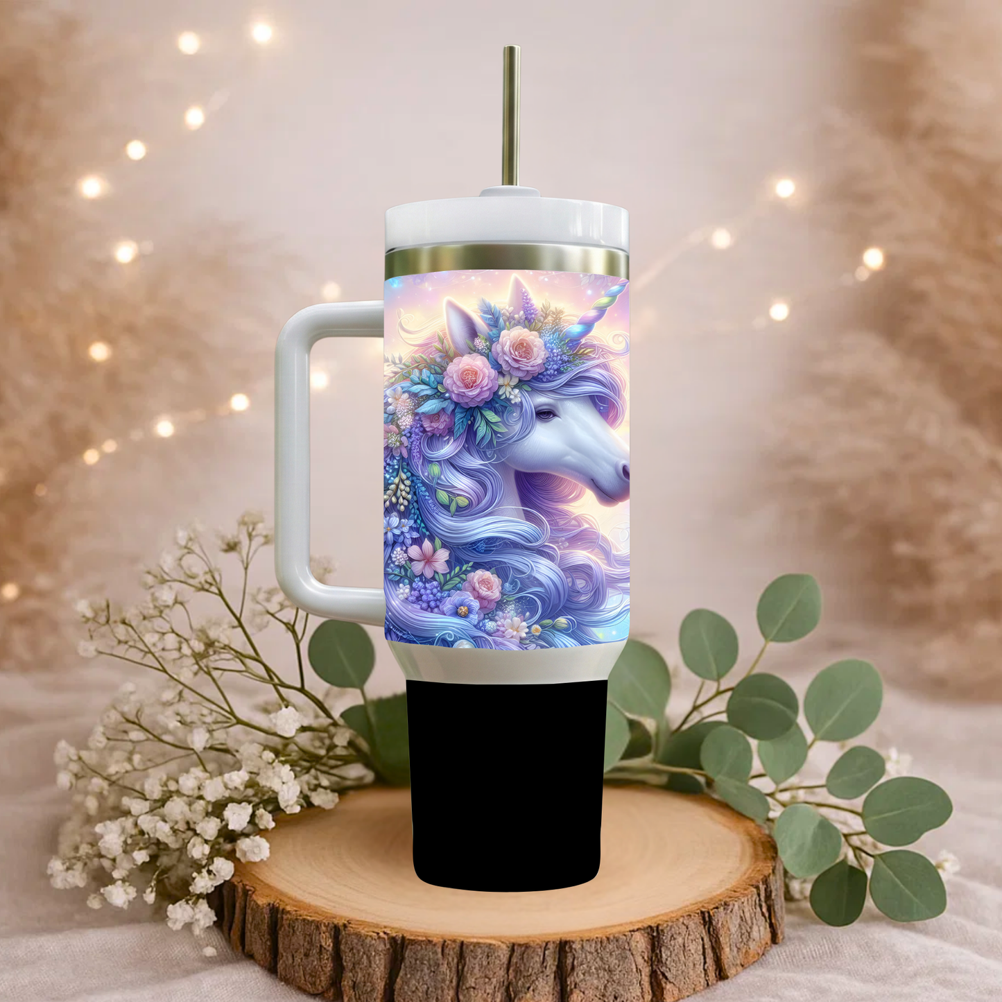 Enchanted Blossom Unicorn 30‑Ounce Stainless Steel Tumbler With Handle – Pastel Fantasy Insulated Cup