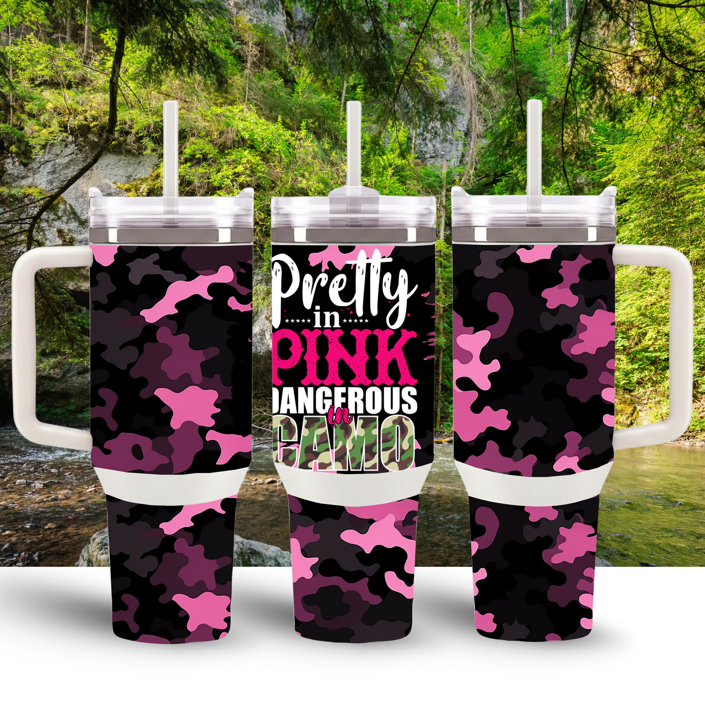 Pretty in Pink Dangerous in Camo 30oz Stainless Steel Insulated Tumbler with Handle