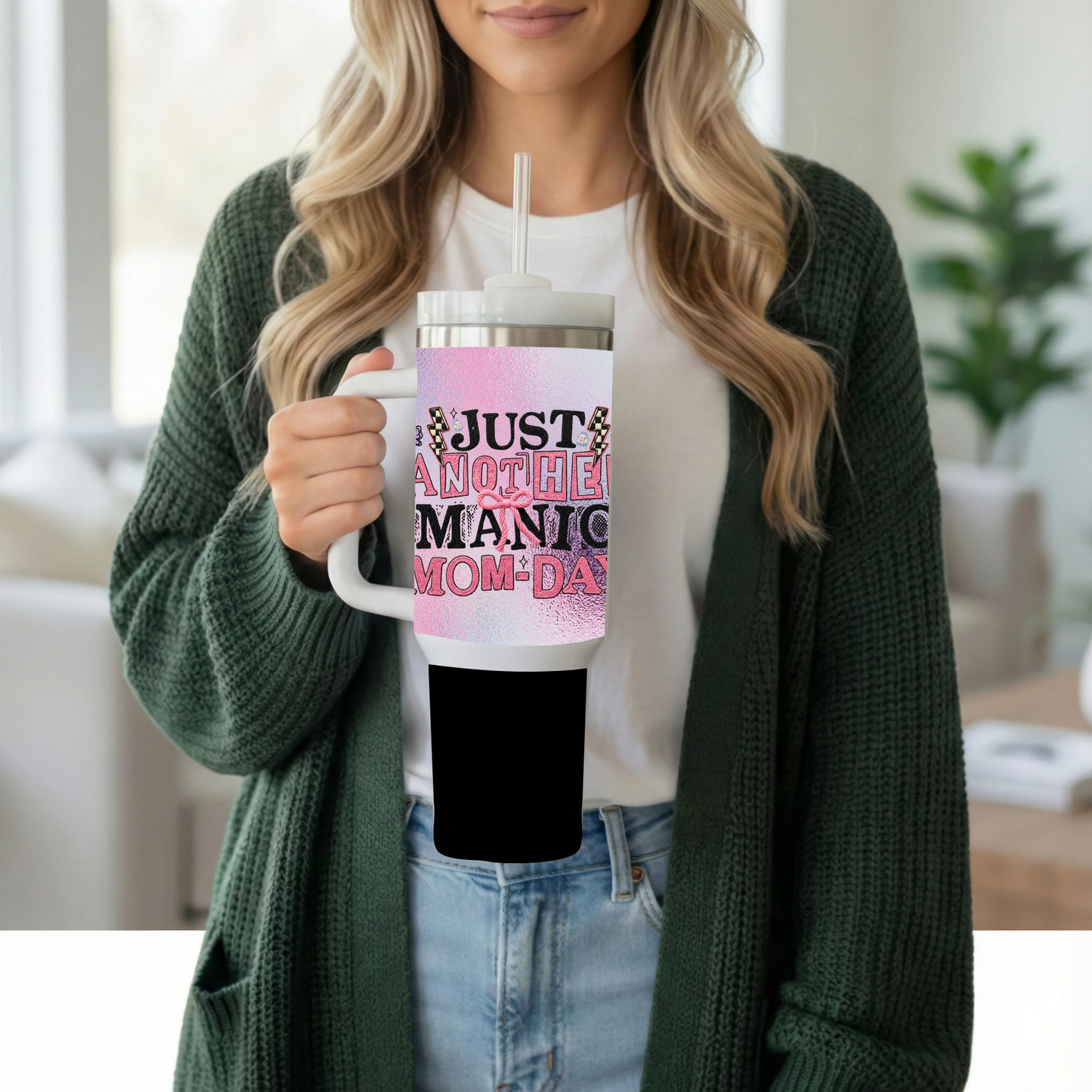 Just Another Manic Mom-Day 30oz Stainless Steel Insulated Tumbler with Handle, Lid & Straw – Pink Bow Glitter Design