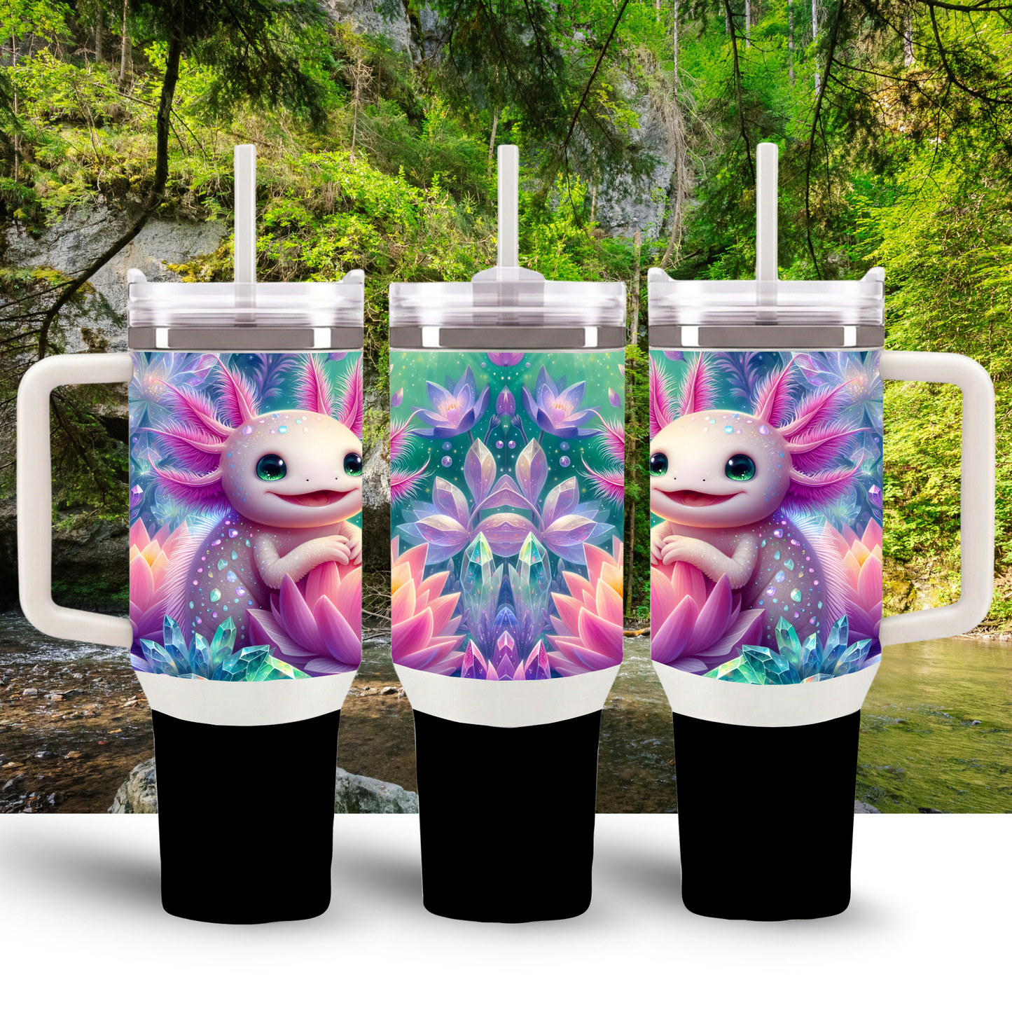 "Zen Axo Adventure" 30oz Handle Tumbler with Straw – Crystal Lotus Dream