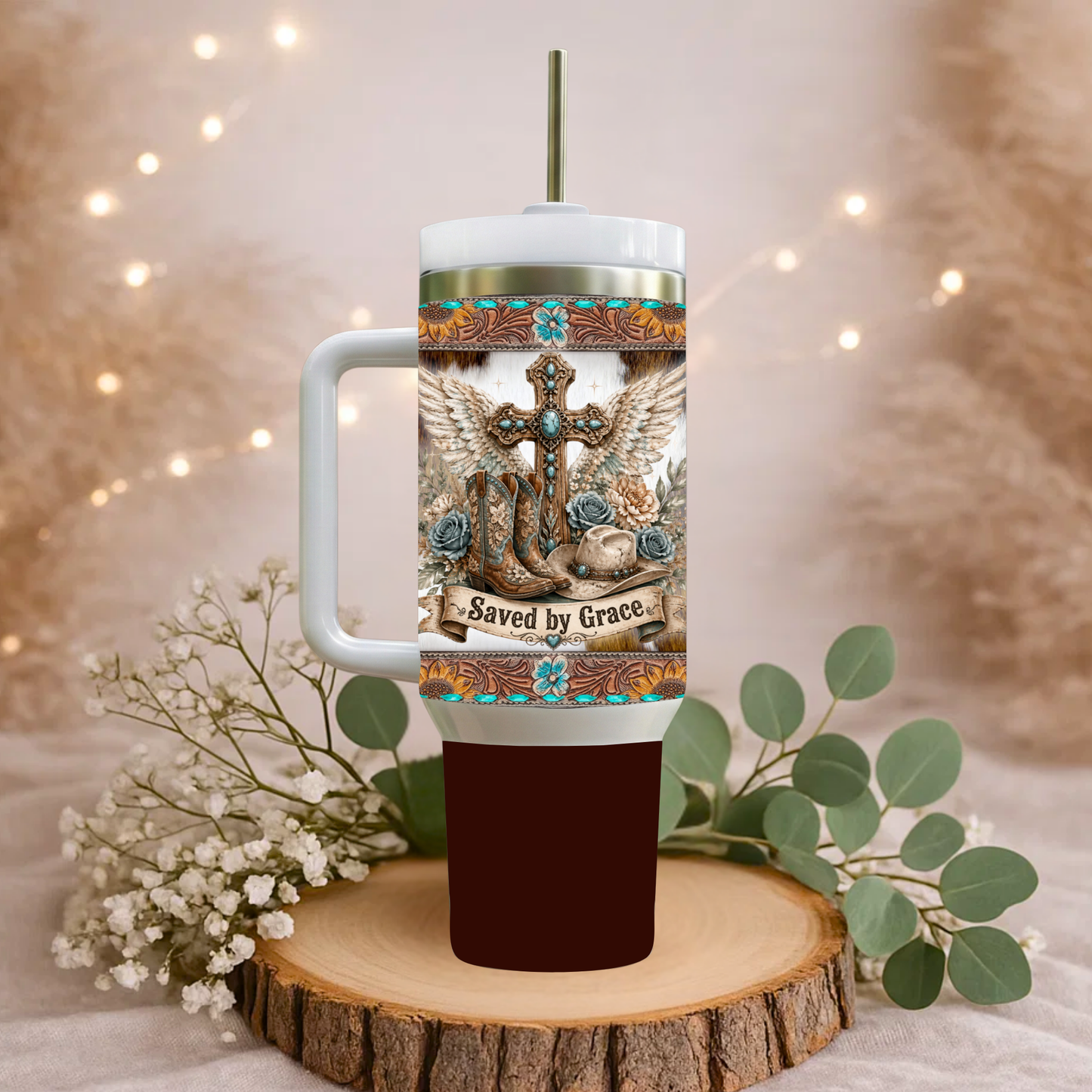 Saved by Grace Western Tumbler – 30 oz Double-Wall Insulated Stainless Steel