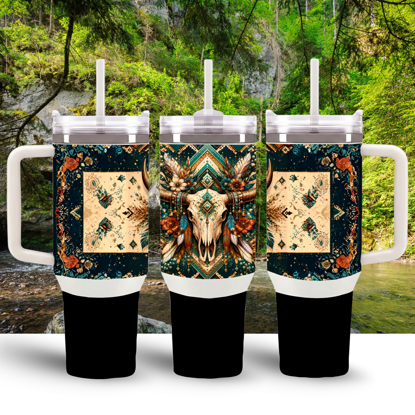 "Sacred Bloom" 40oz Boho Skull Handle Tumbler ✨