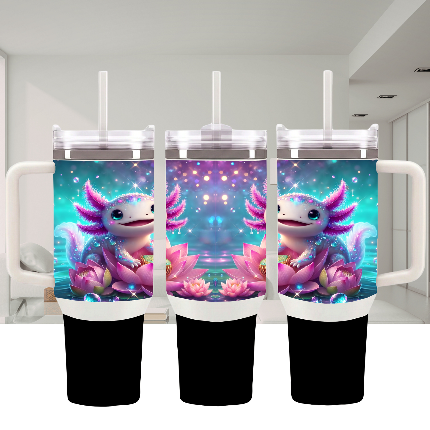 "Dewdrop Axo Adventure XL" 40oz Handle Tumbler with Straw – Sparkling Lily Pond