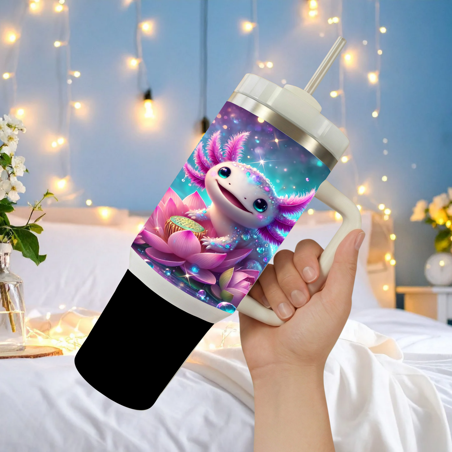 "Dewdrop Axo Adventure XL" 40oz Handle Tumbler with Straw – Sparkling Lily Pond
