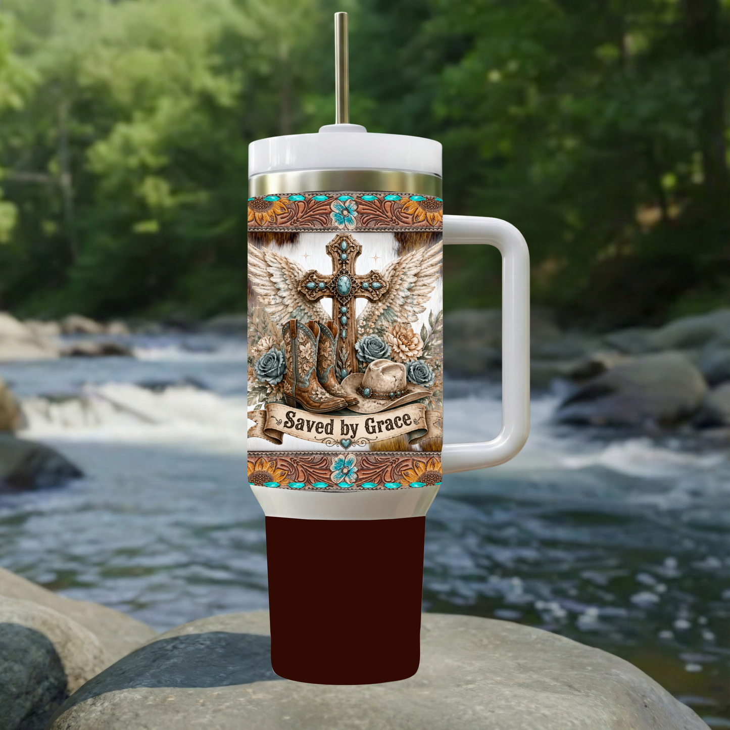 Saved by Grace Western Tumbler – 40 oz Double-Wall Insulated Stainless Steel