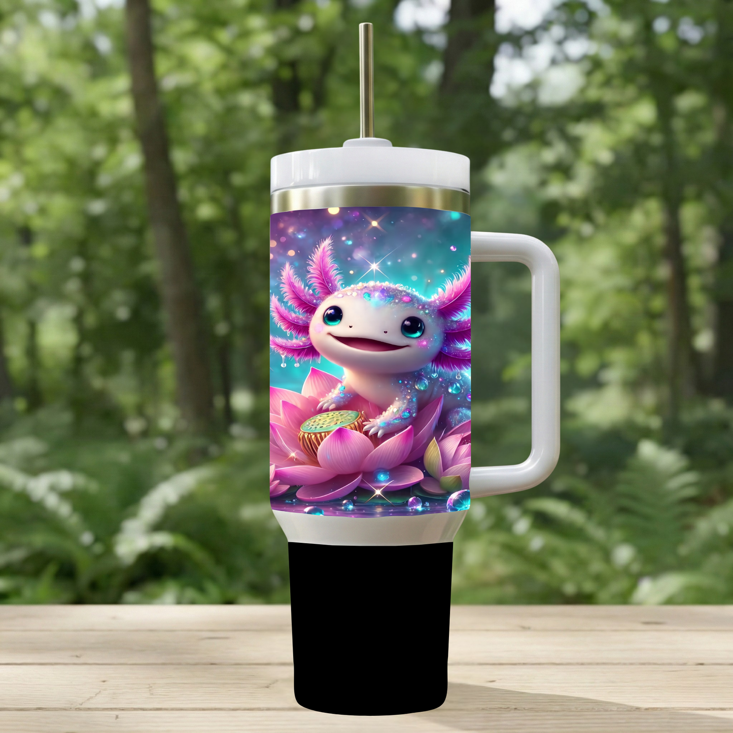 "Dewdrop Axo Adventure" 30oz Handle Tumbler with Straw – Sparkling Lily Pond