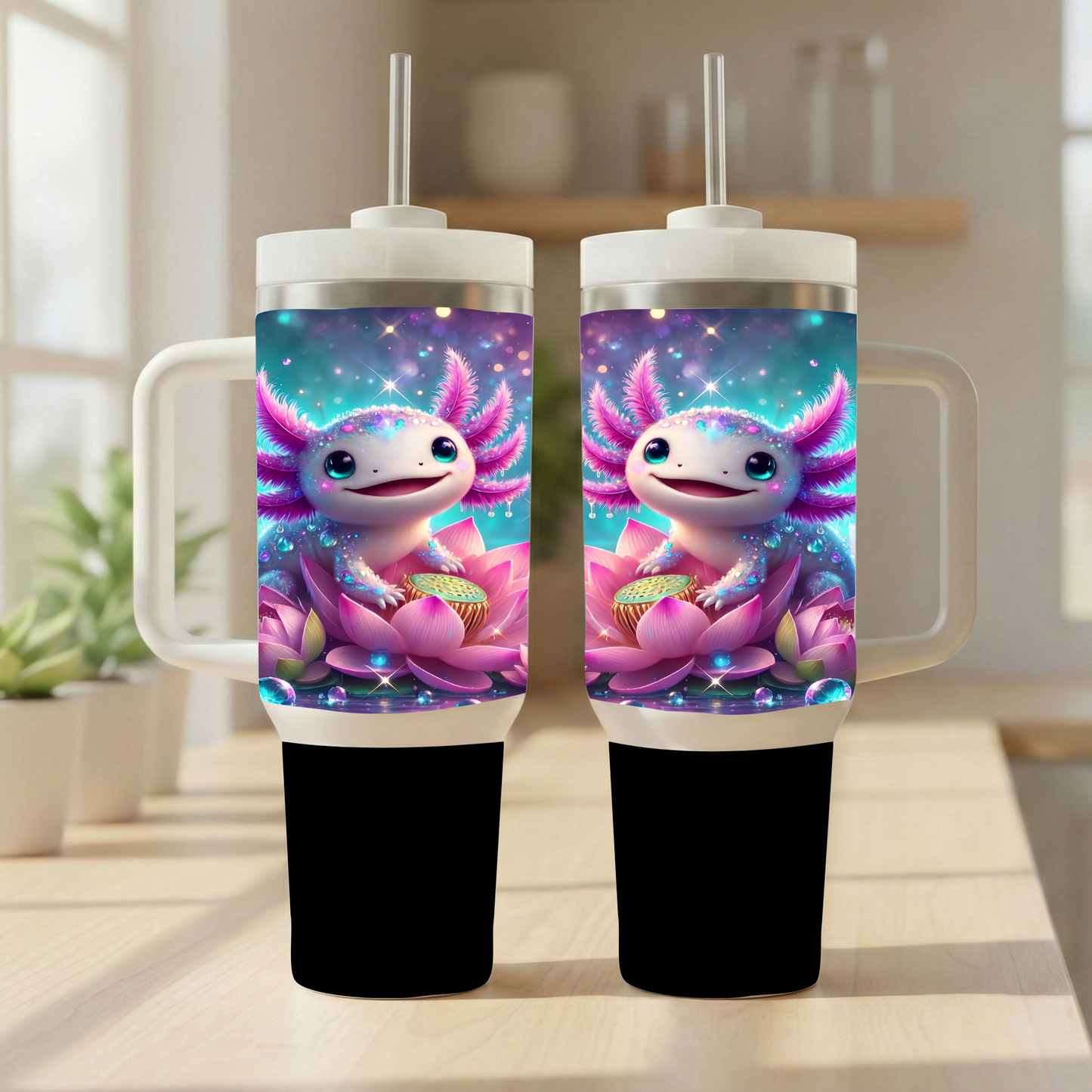 "Dewdrop Axo Adventure XL" 40oz Handle Tumbler with Straw – Sparkling Lily Pond
