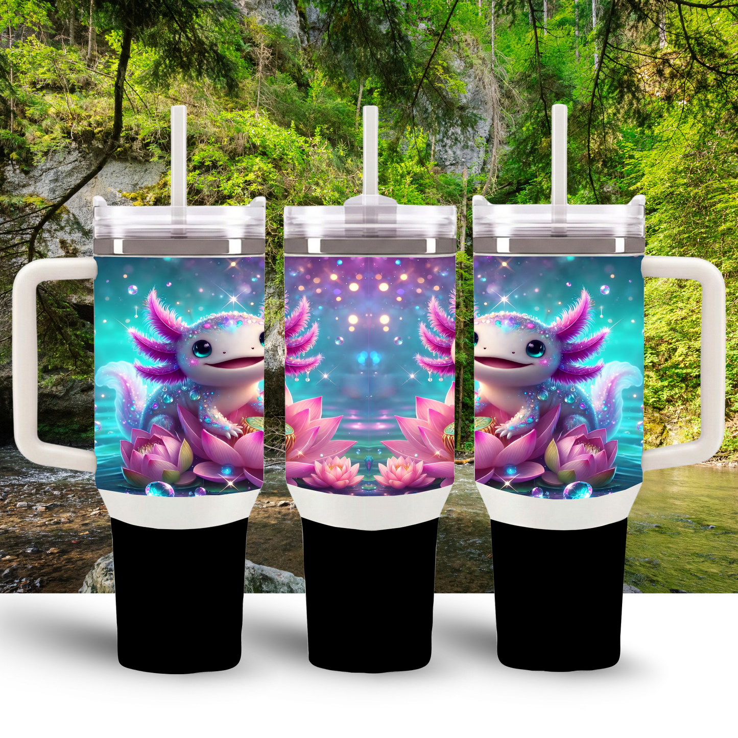 "Dewdrop Axo Adventure" 30oz Handle Tumbler with Straw – Sparkling Lily Pond
