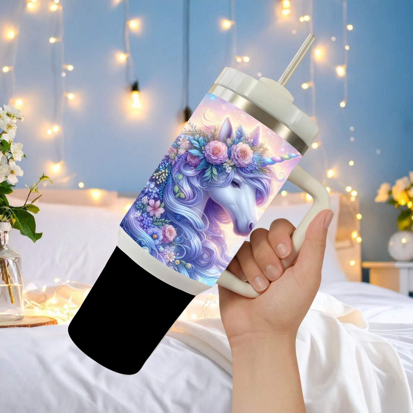 Enchanted Blossom Unicorn 30‑Ounce Stainless Steel Tumbler With Handle – Pastel Fantasy Insulated Cup