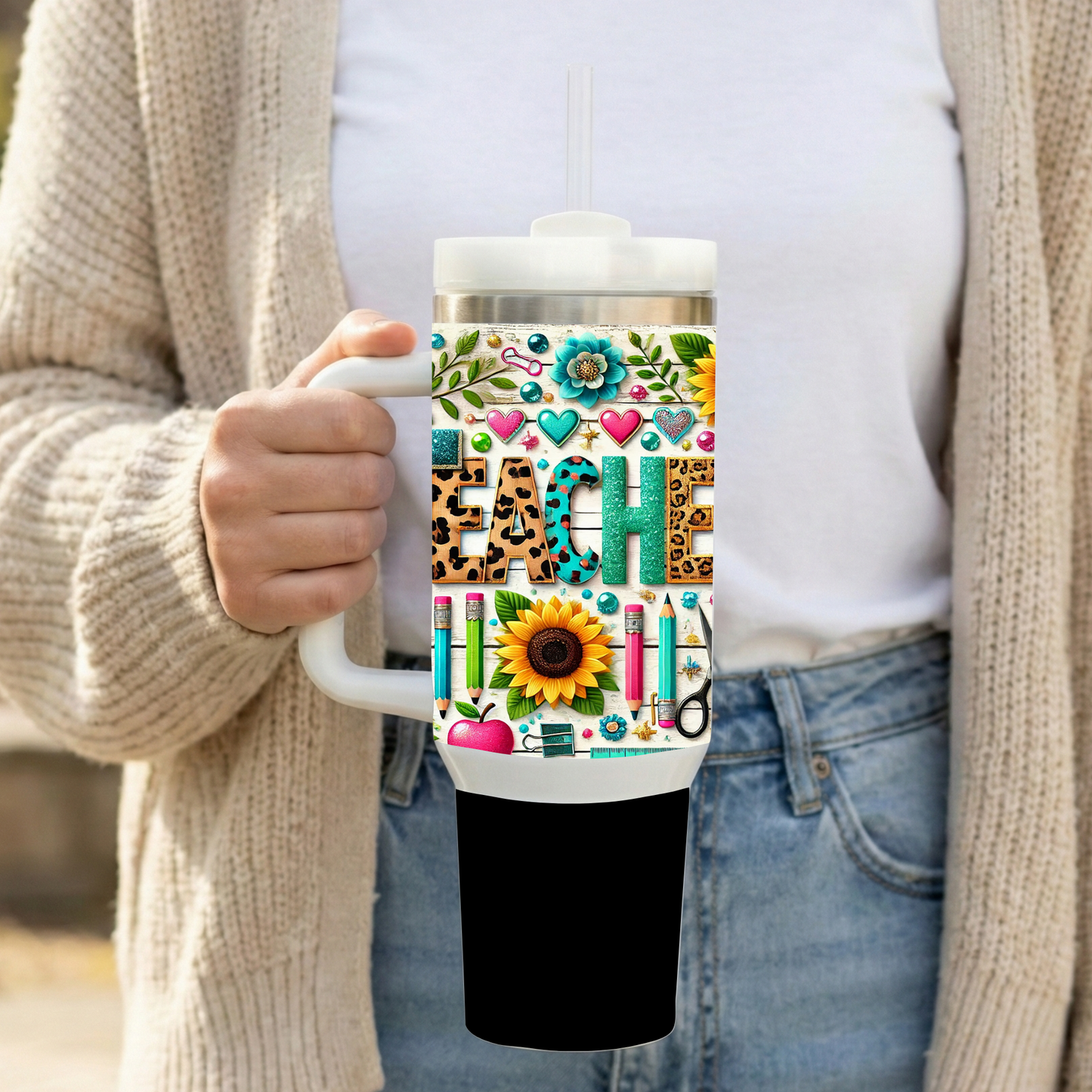 TeachBloom Floral Heart Teacher 40oz Handled Stainless Steel Tumbler