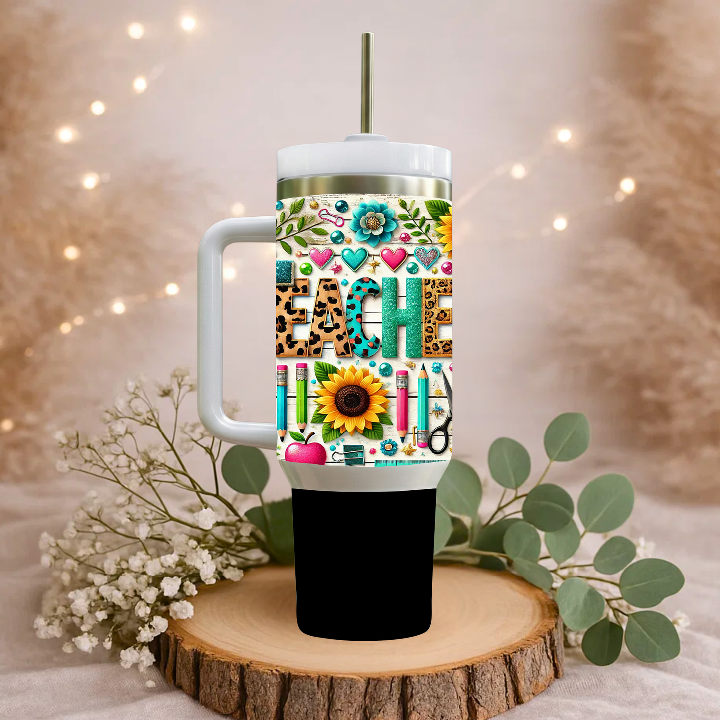 TeachBloom Floral Heart Teacher 40oz Handled Stainless Steel Tumbler
