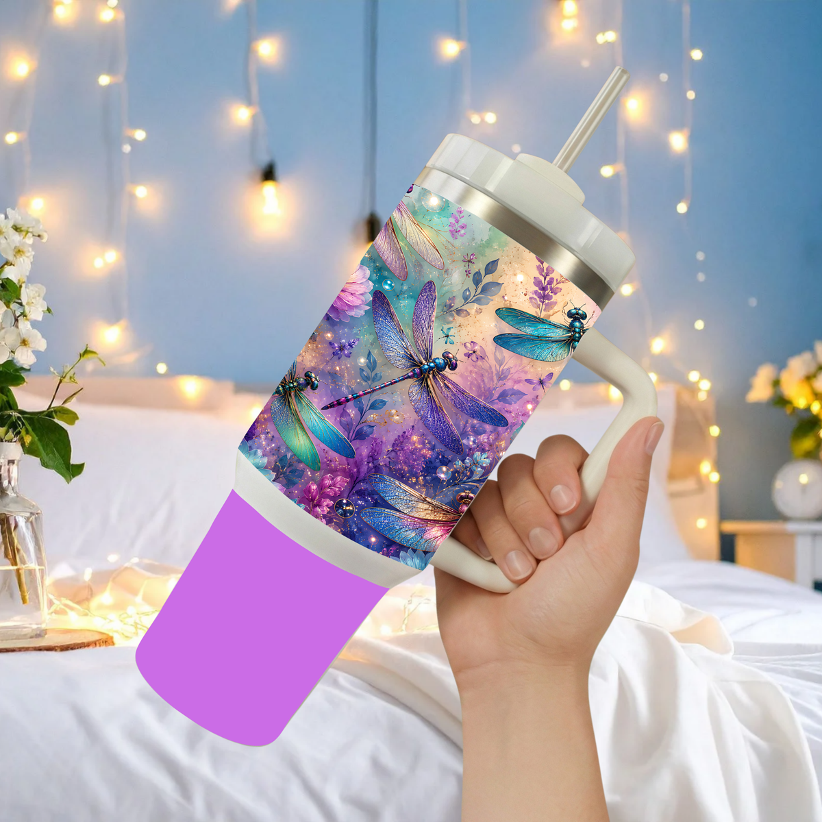 "Dragonfly Dreams" 40oz Insulated Tumbler with Handle & Straw