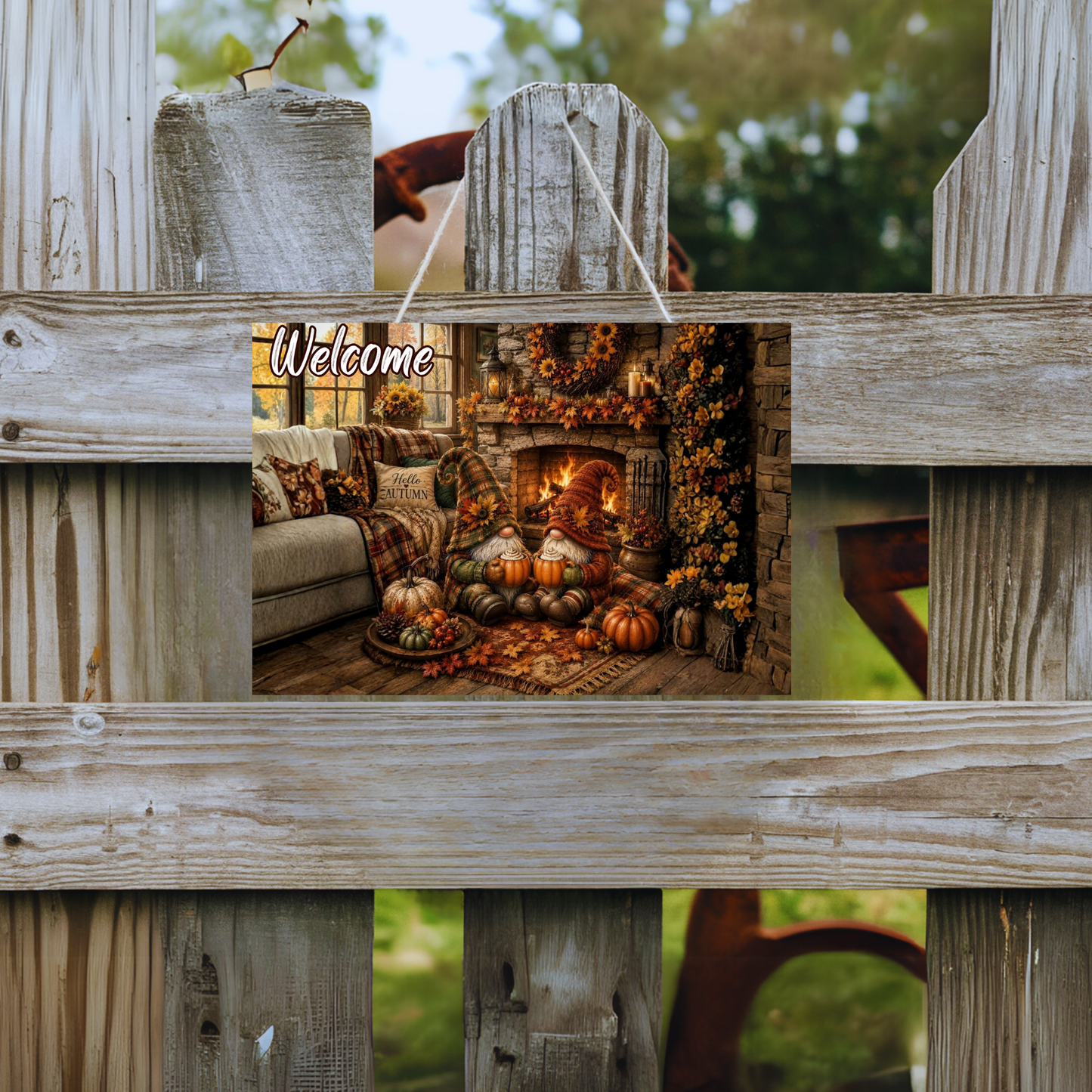Cozy Harvest Gnomes "Welcome" Hanging Wall Sign