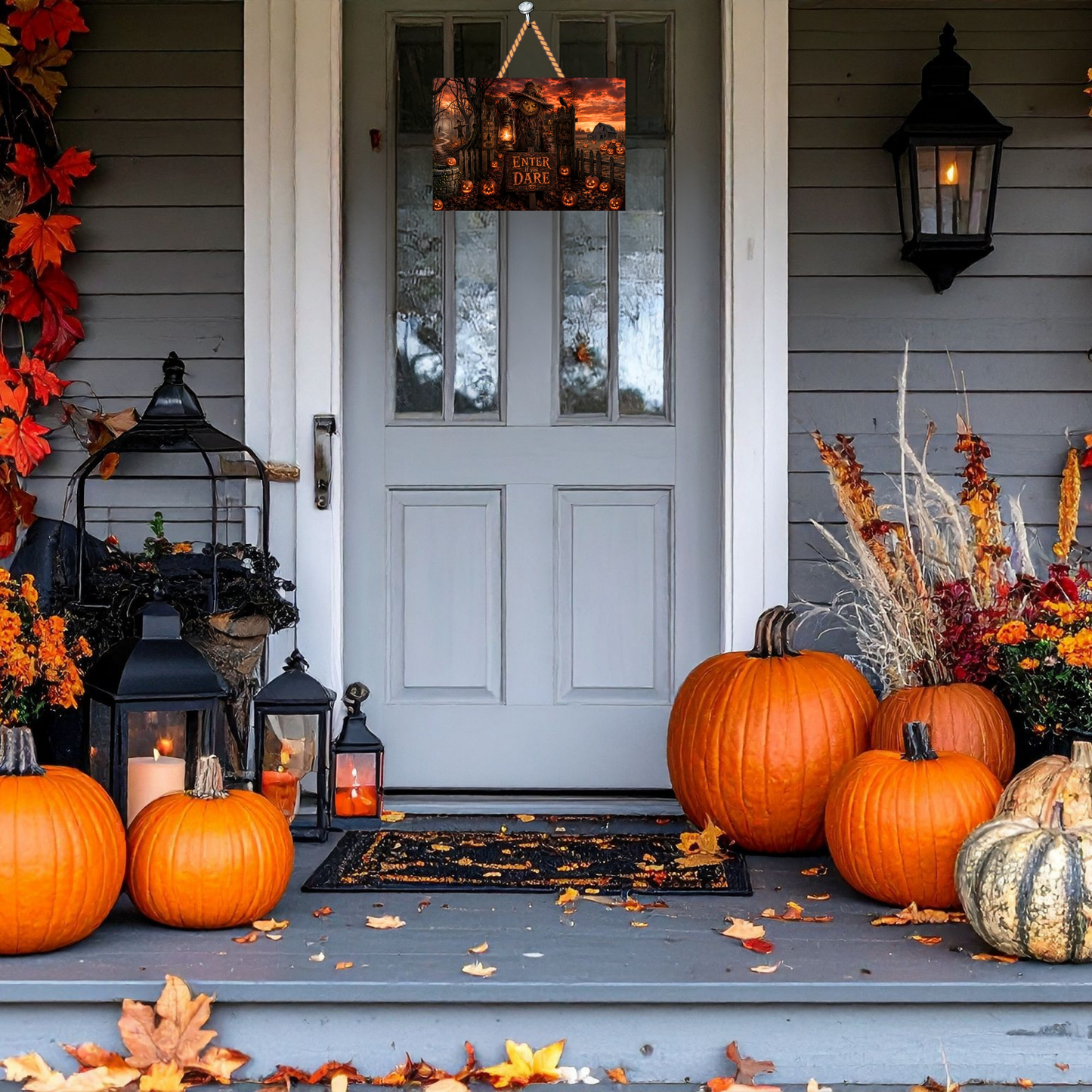 "Enter If You Dare" Spooky Scarecrow Autumn Hanging Door Sign (12" x 7")