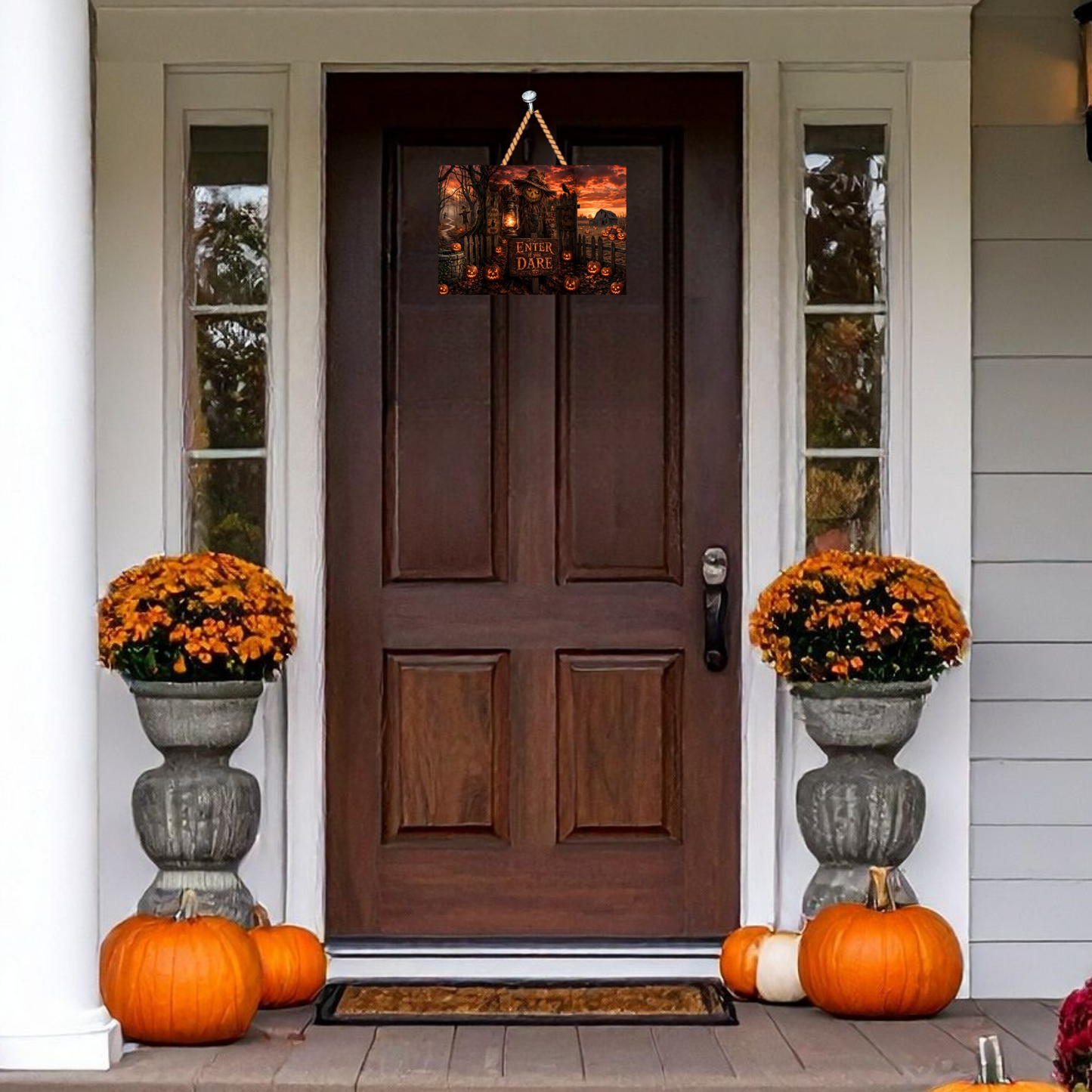 "Enter If You Dare" Spooky Scarecrow Autumn Hanging Door Sign (12" x 7")