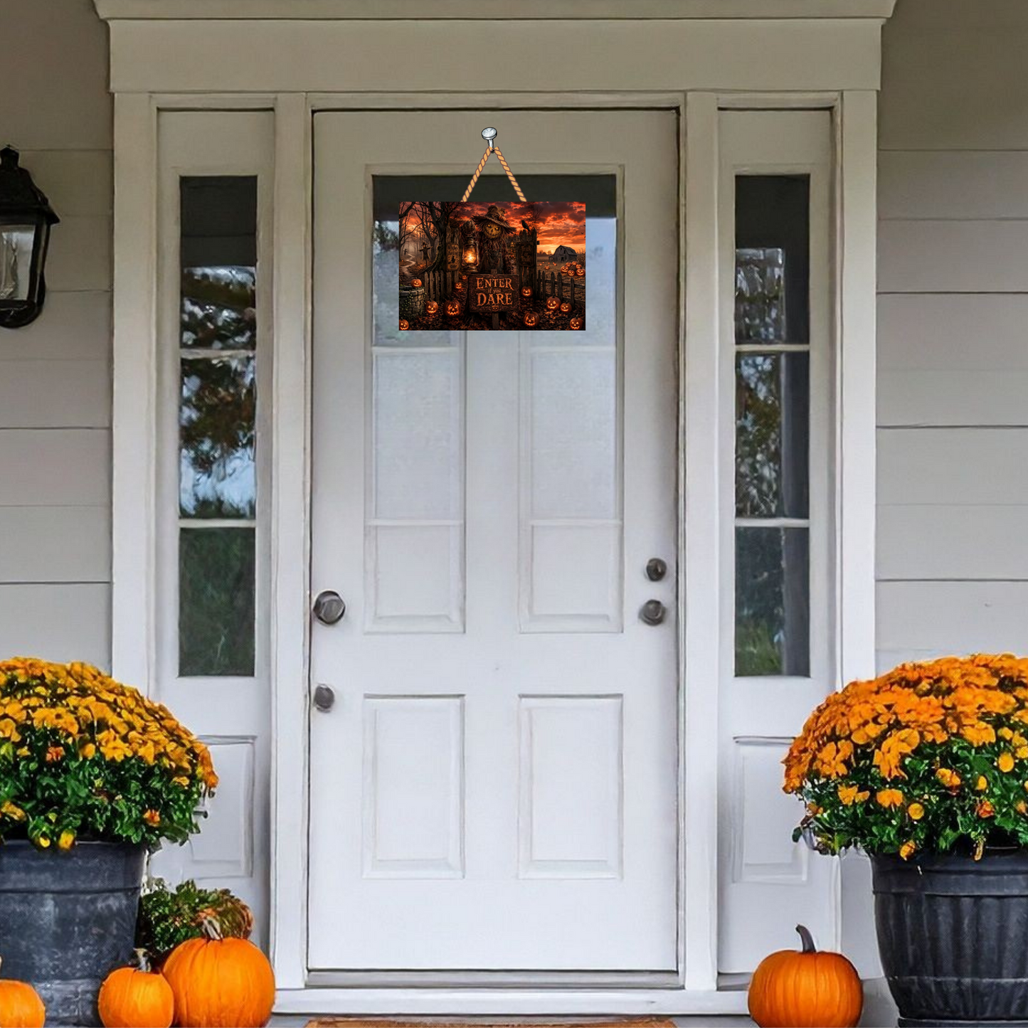 "Enter If You Dare" Spooky Scarecrow Autumn Hanging Door Sign (12" x 7")