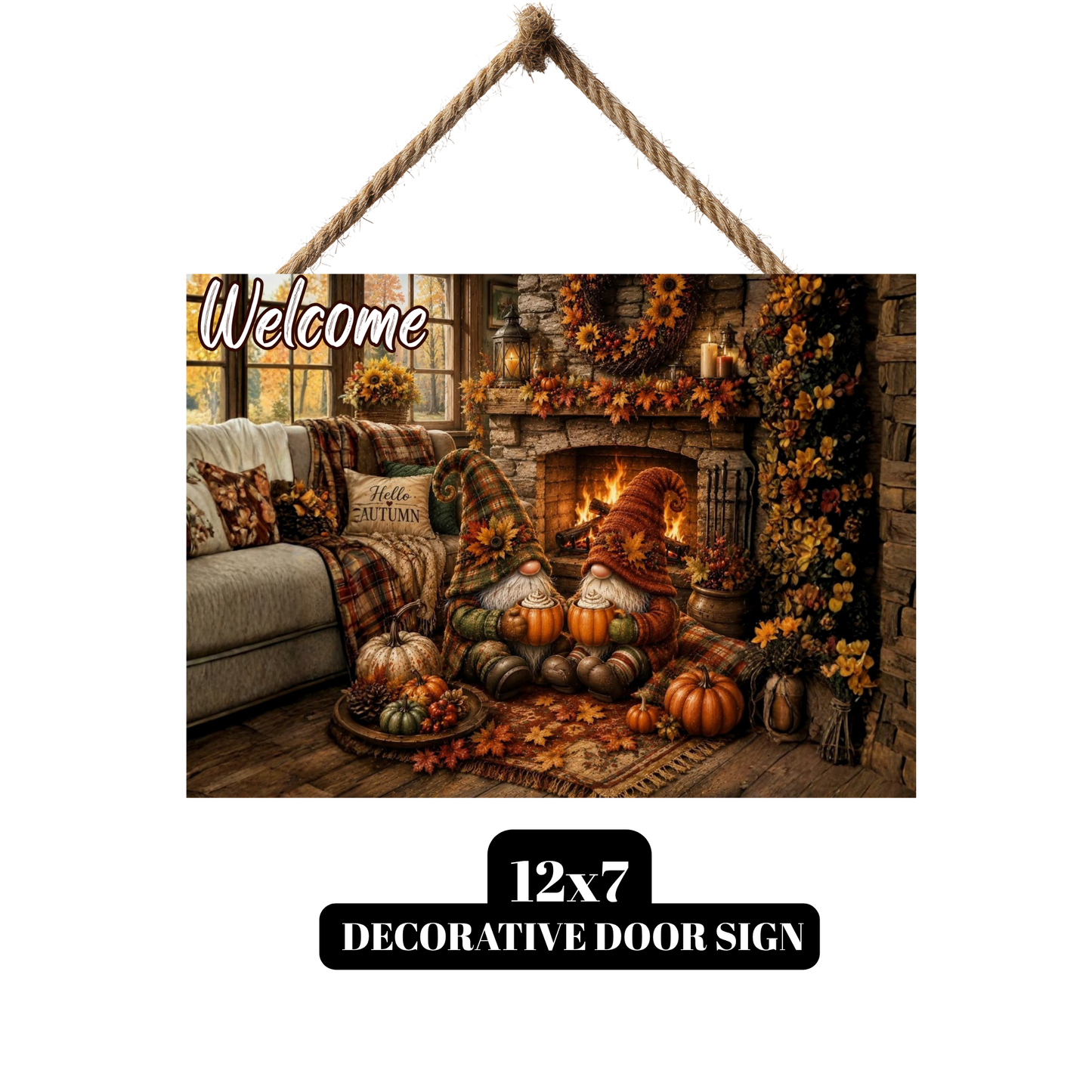 Cozy Harvest Gnomes "Welcome" Hanging Wall Sign