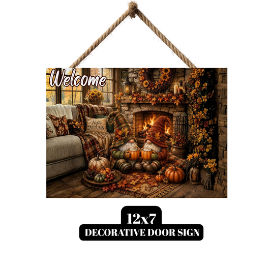 Cozy Harvest Gnomes "Welcome" Hanging Wall Sign