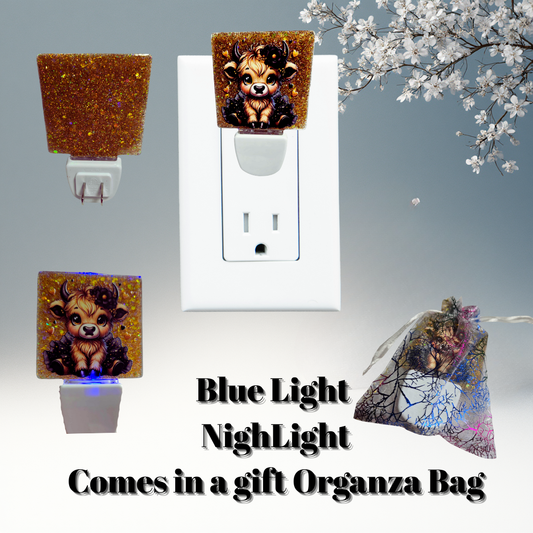 Golden Sparkle Highland Calf Blue-Glow Night Light + Gift Organza Bag