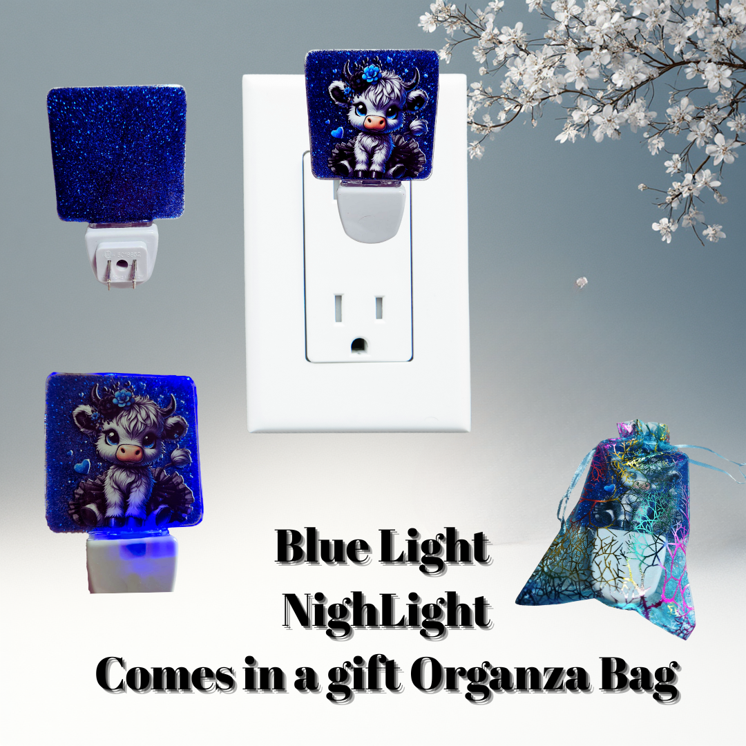 Blue Sparkle Highland Calf Hearts Blue-Glow Night Light + Gift Organza Bag