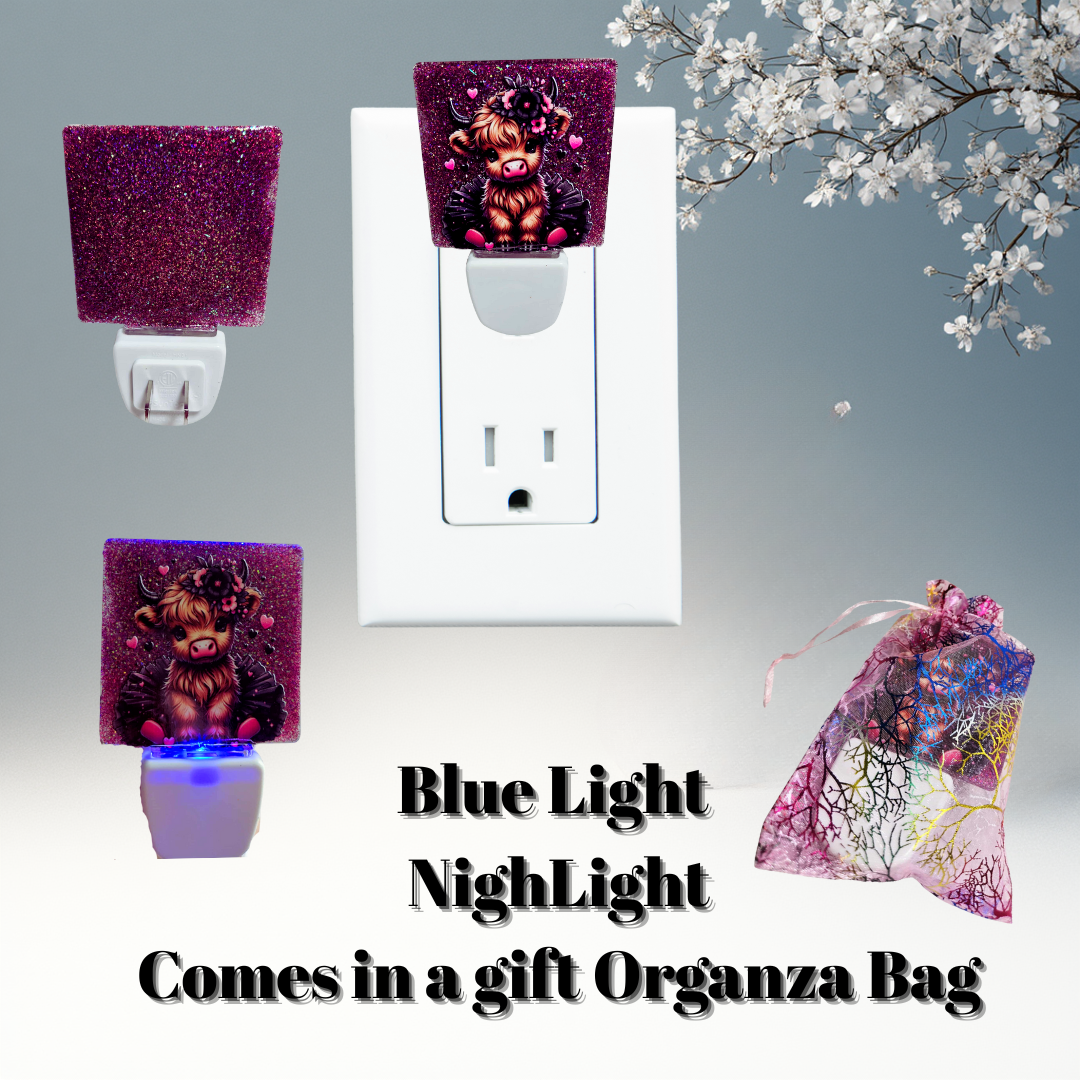 Purple Sparkle Highland Calf Hearts Blue-Glow Night Light + Gift Organza Bag