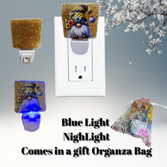Bee-Kind Gnome & Sunflowers Blue-Glow Night Light + Gift Organza Bag