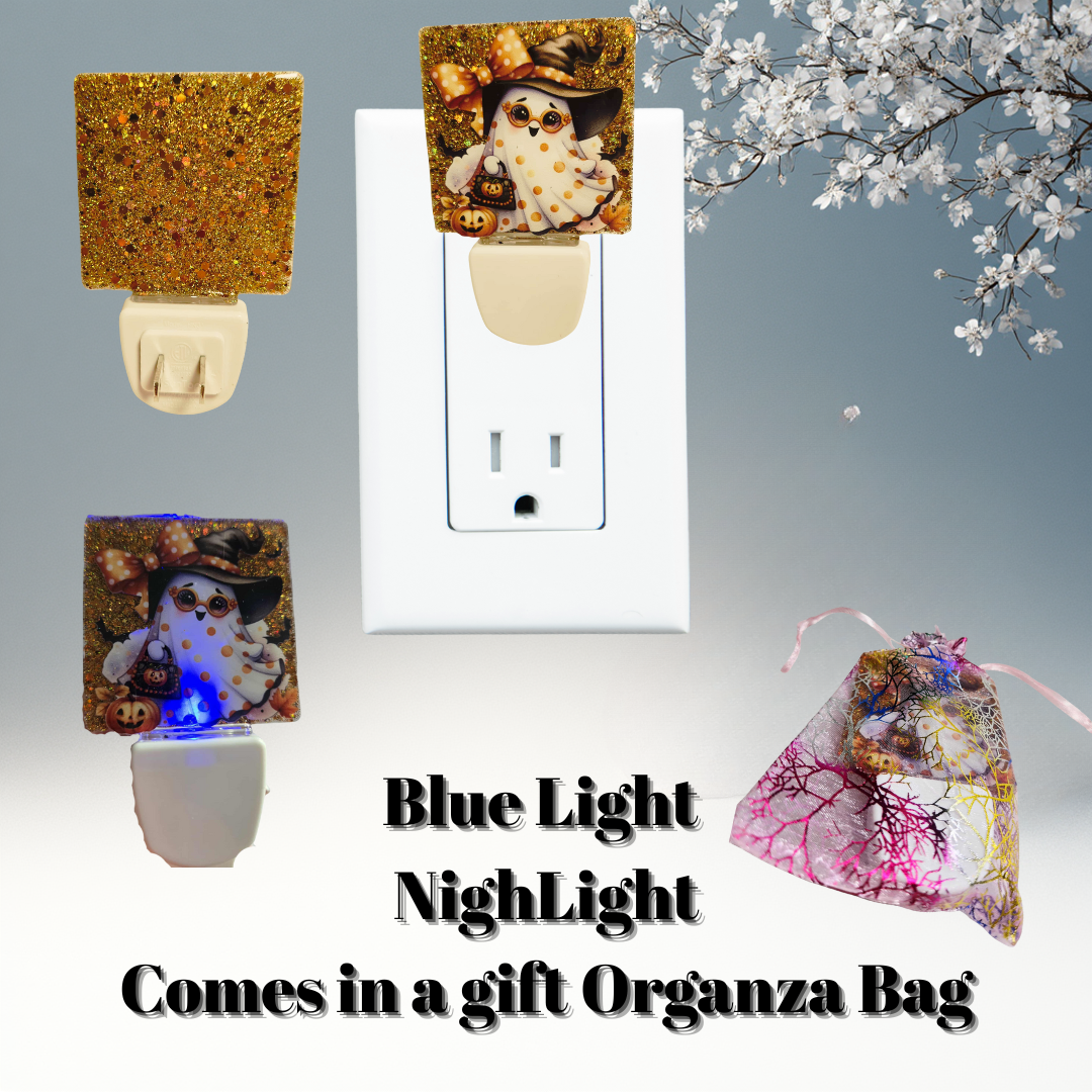 Spooky-Cute Ghost & Pumpkins Blue-Glow Night Light + Gift Organza Bag