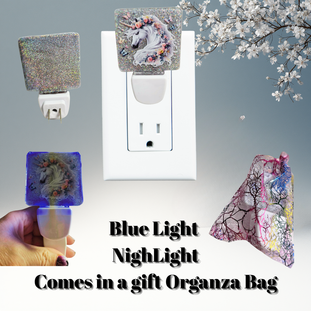 Iridescent Unicorn Floral Blue-Glow Night Light + Gift Organza Bag