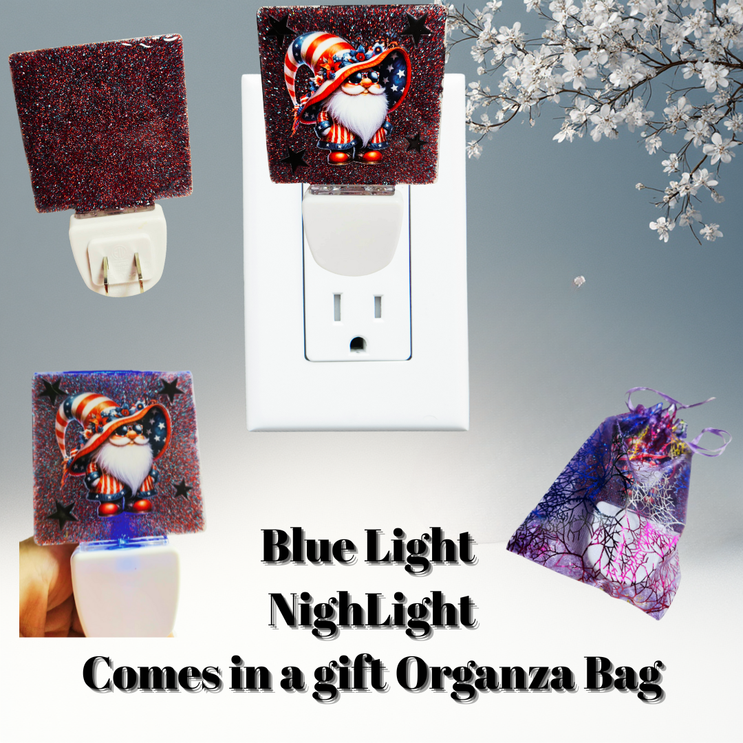 Patriotic Gnome Blue-Glow Night Light + Gift Organza Bag