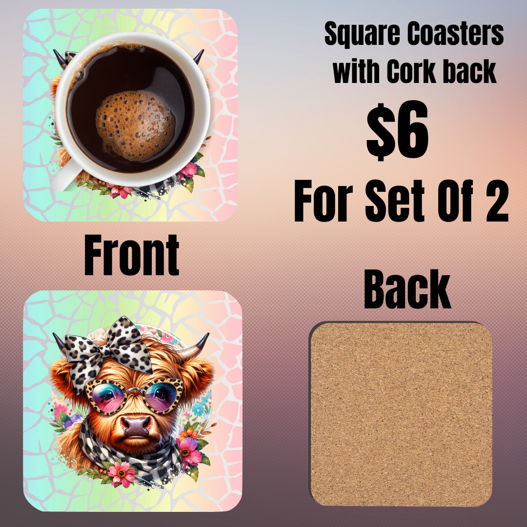 Highland Cow Square Coasters