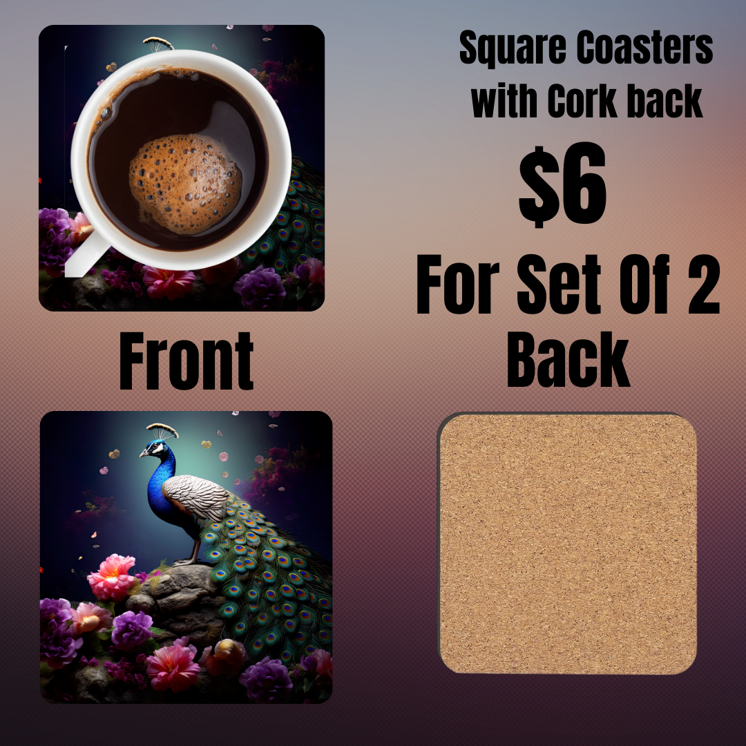 "Majestic Peacock Garden" Square Coasters Set