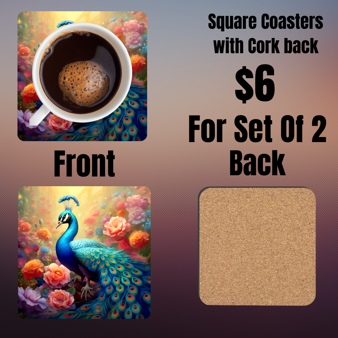 "Majestic Peacock Garden" Square Coasters Set