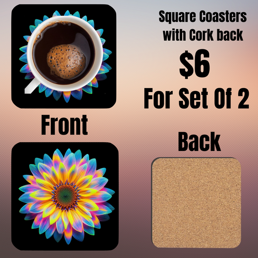 Square Coasters with Vibrant Floral Design - Set of 2