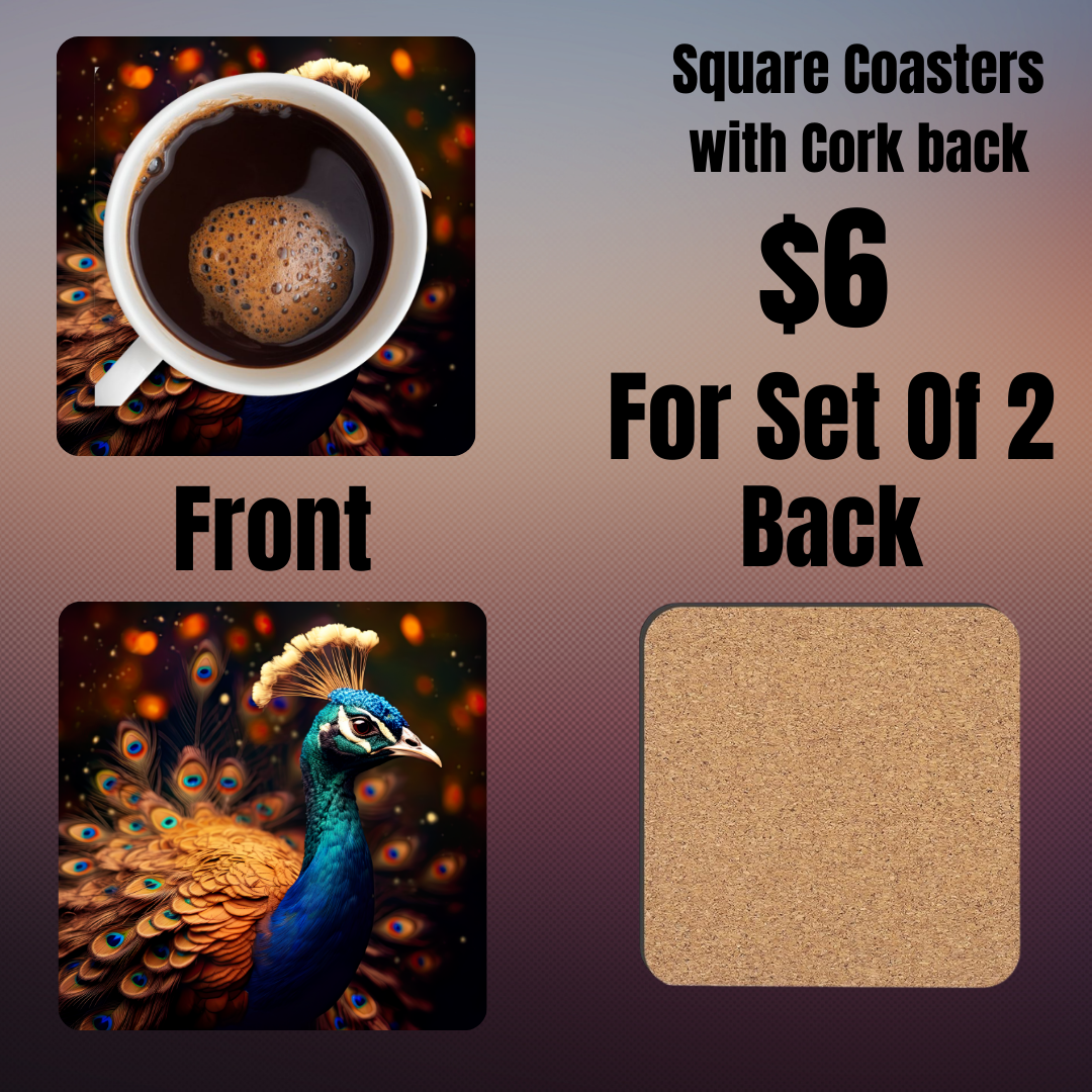 "Majestic Peacock Garden" Square Coasters Set