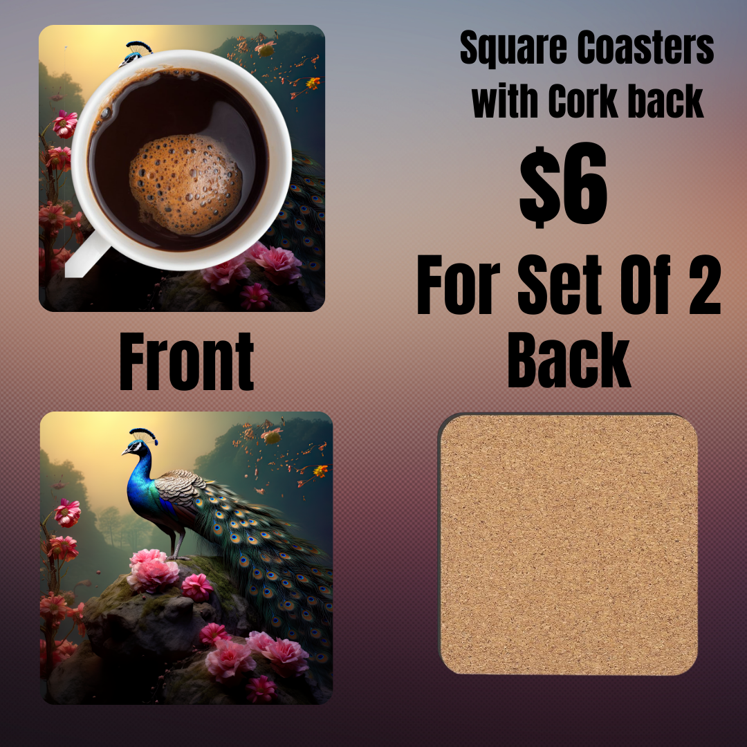 "Majestic Peacock Garden" Square Coasters Set