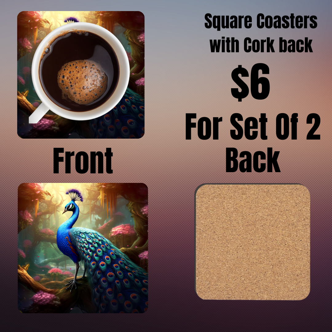 "Majestic Peacock Garden" Square Coasters Set